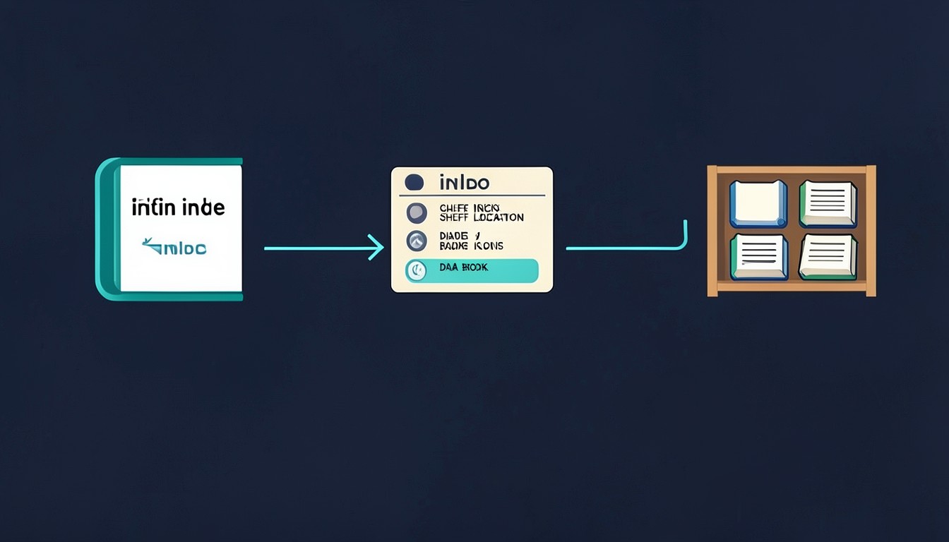 inode 图书馆类比：文件名（书脊标签）→ inode（索引卡）→ Data Block（书页数据），三级指针链路