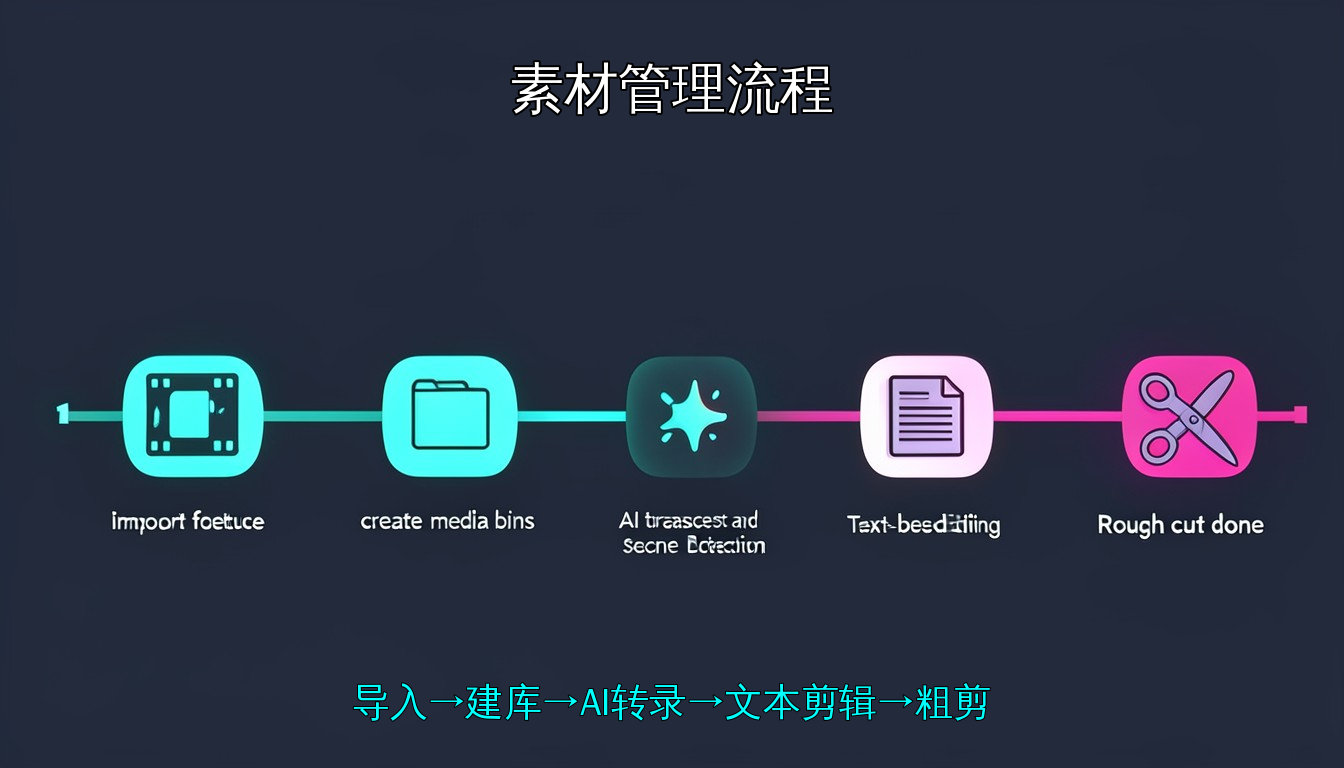 智能粗剪五步工作流：导入素材 → 媒体箱分类 → AI 转录/场景检测 → 基于文本剪辑 → 完成粗剪
