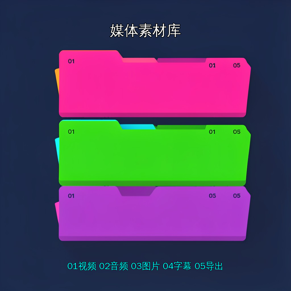 标准媒体箱分类结构：视频/音频/图片/字幕/输出五类素材分箱管理