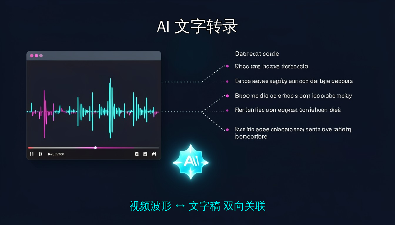 AI 自动转录：语音生成带时间戳的文字稿，每行文字对应视频画面
