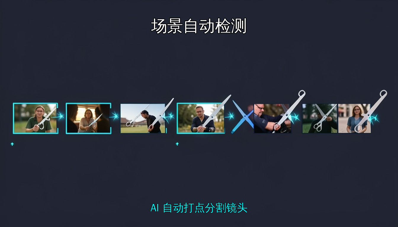 场景编辑检测：AI 自动识别镜头切换点，将长视频切割为多个独立镜头片段