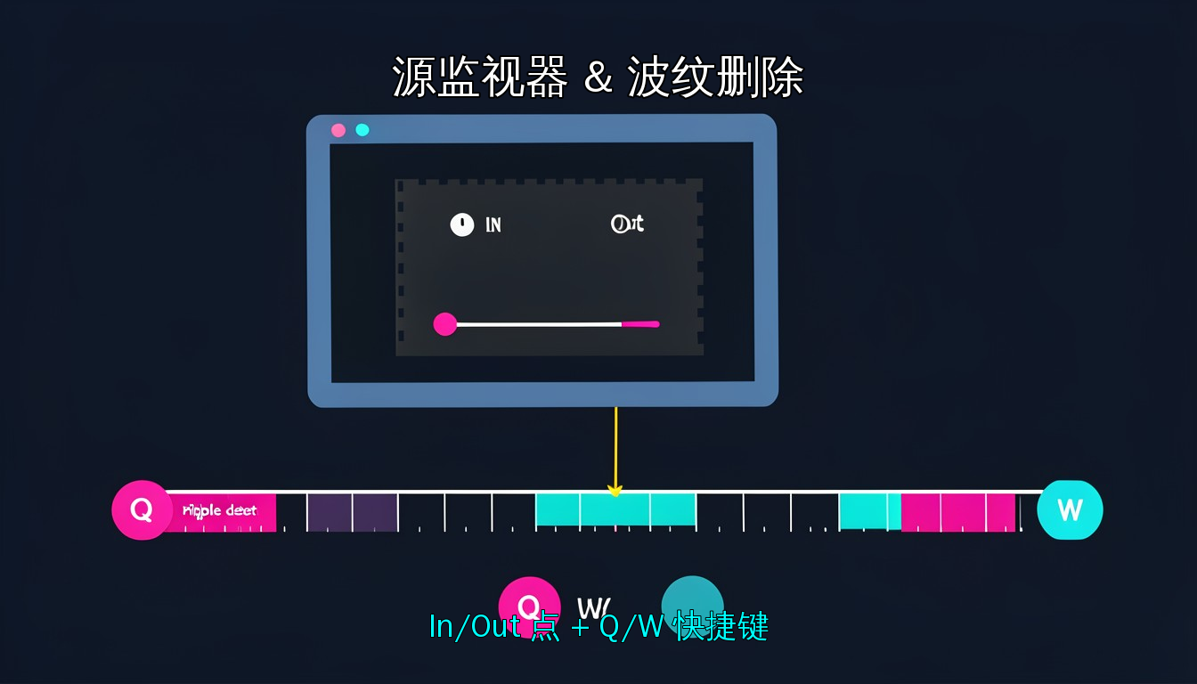 入点/出点与波纹删除：源监视器 I/O 标记 + Q/W 一键波纹删除，后方内容自动前移